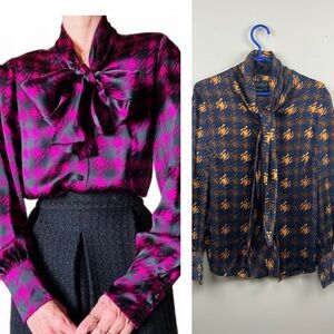 LUISA SPAGNOLI large silk bow houndstooth print button down blouse